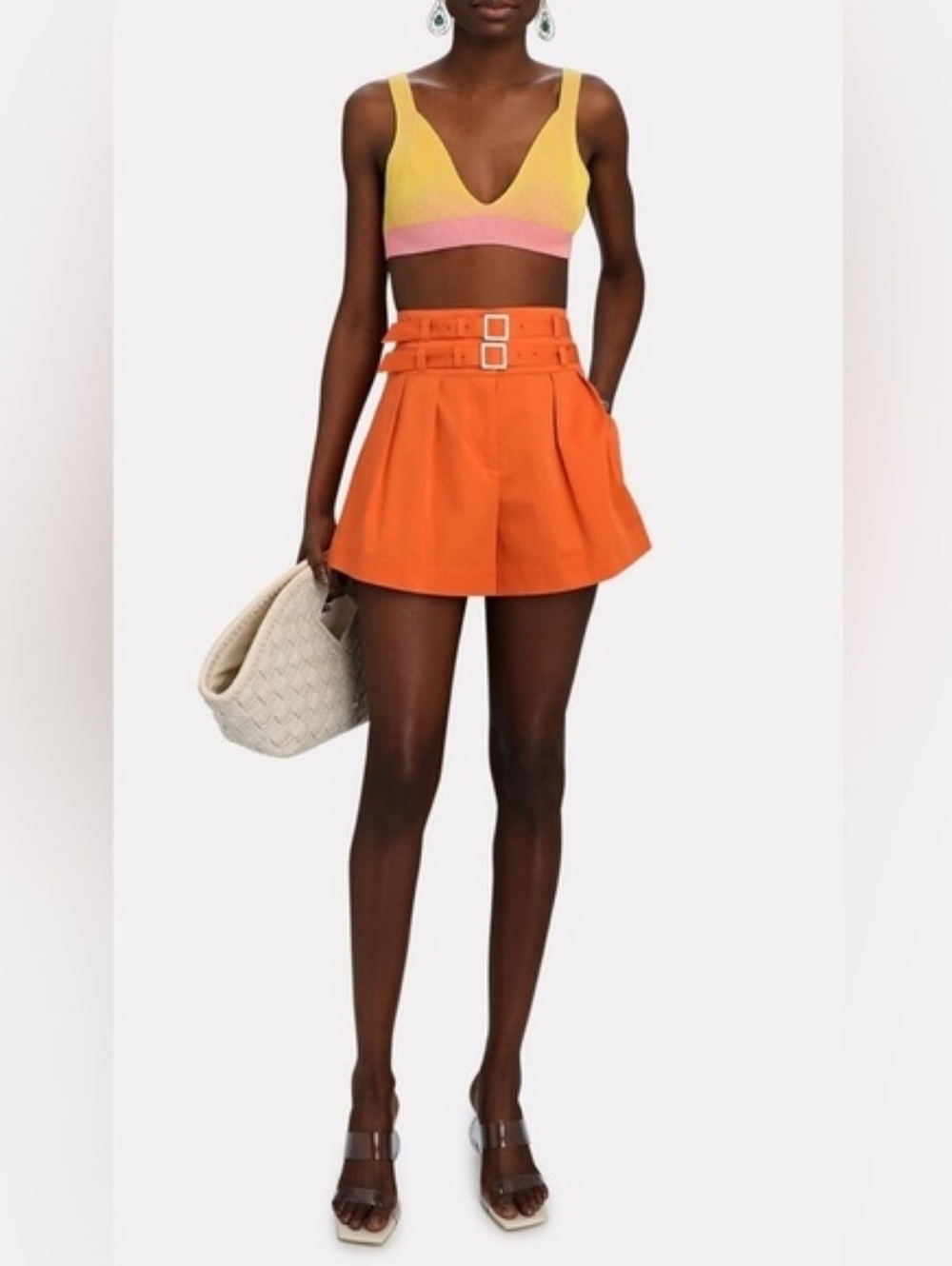 INTERMIX Leslie Double Belted Cotton Shorts Orange